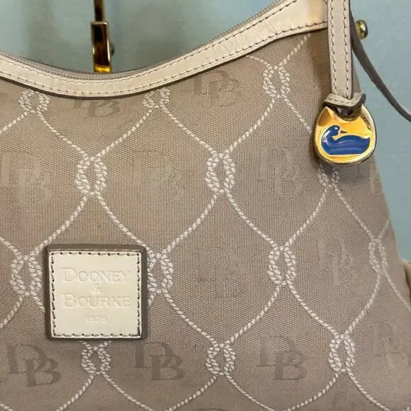 Dooney & Bourke Inc 1975 Shoulder Satchel Bag Tan Cream Leather Monogram Logo - Picture 2 of 15